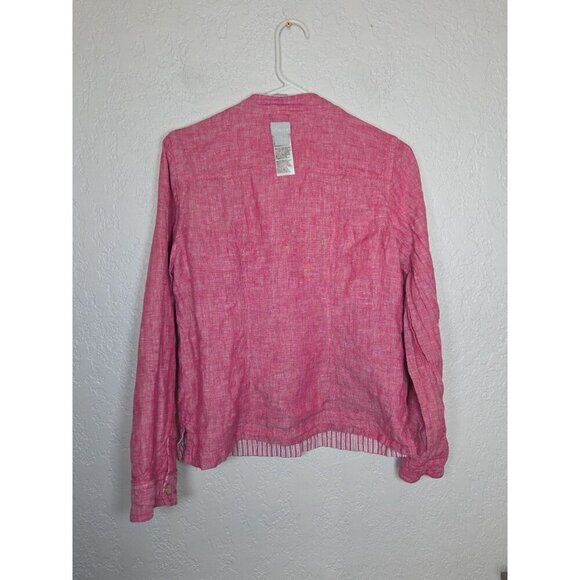 Chico's Reversible Jacket Pink Stripe Oxford Linen Cotton Snap Pockets 0 /small - Picture 5 of 5